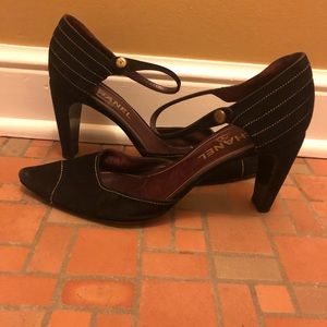 Authentic Chanel 4” Suede heels with Ankle strap